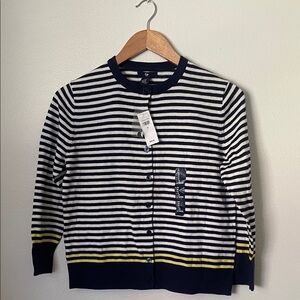 Gap Striped Navy and White Button Cardigan with Yellow Accent